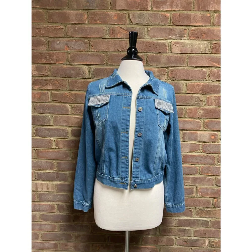 4 Fashion Aolinna Rhinestone Fringe Blue Denim Jacket Size XXL NWOT